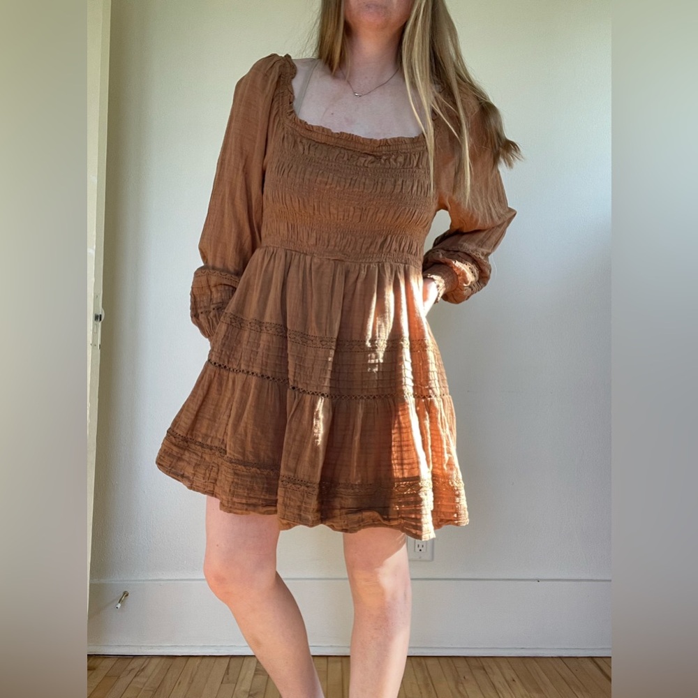 American Eagle Outfitters Rust Brown Smocked Tiered Mini Dress